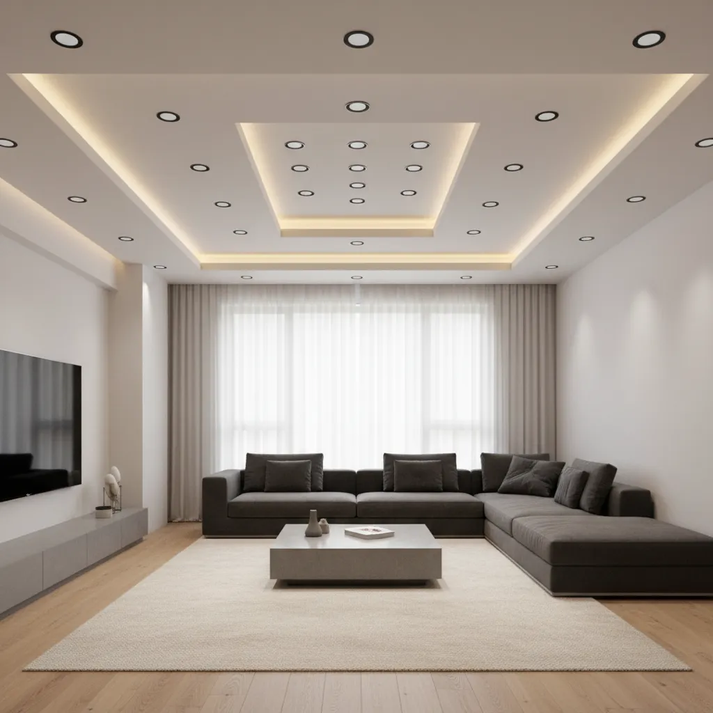 living room POP ceiling lighting layout with recessed lights and cove lighting