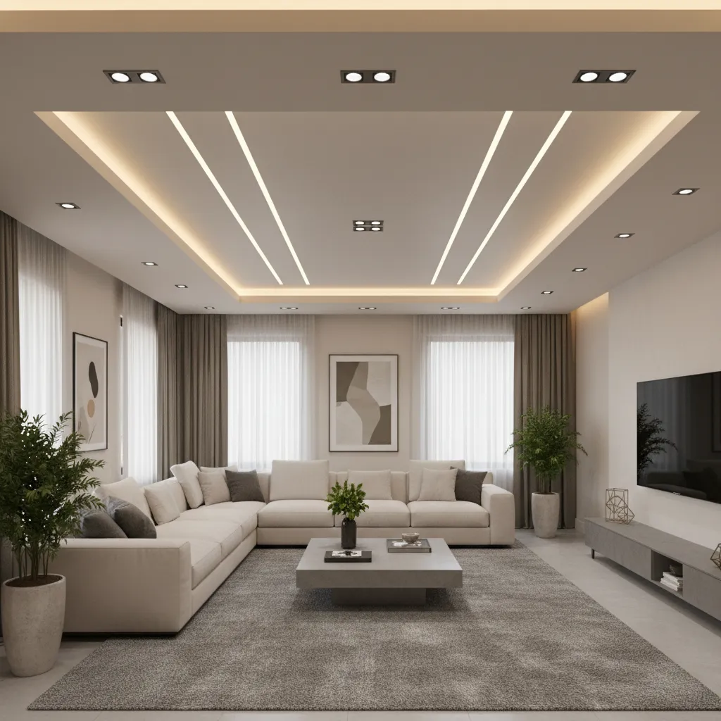 POP ceiling with recessed lighting and LED cove lighting in L shaped living room