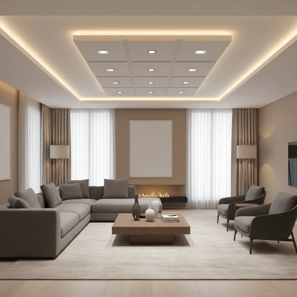 living room lighting layout with recessed lights and cove lighting on POP ceiling