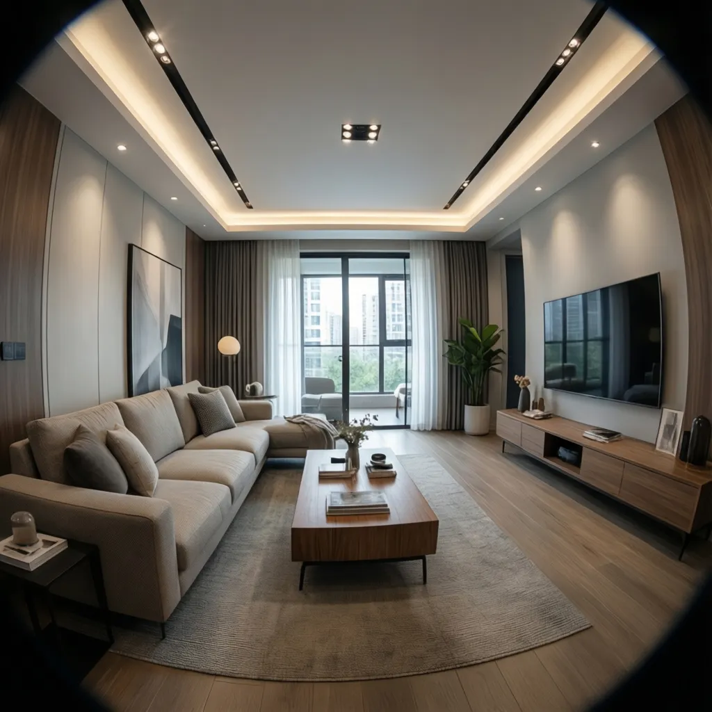 living room with elegant POP tray ceiling and soft lighting