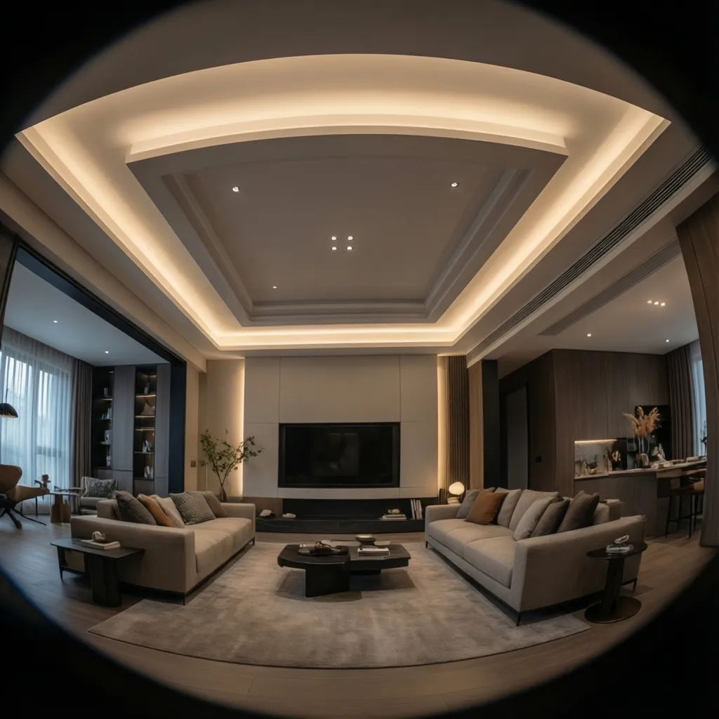 modern living room with layered POP ceiling and hidden LED lighting