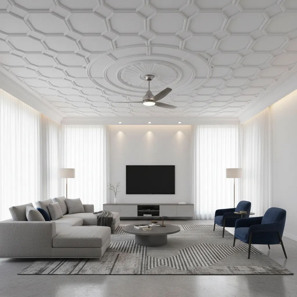 POP ceiling medallion around ceiling fan in modern room