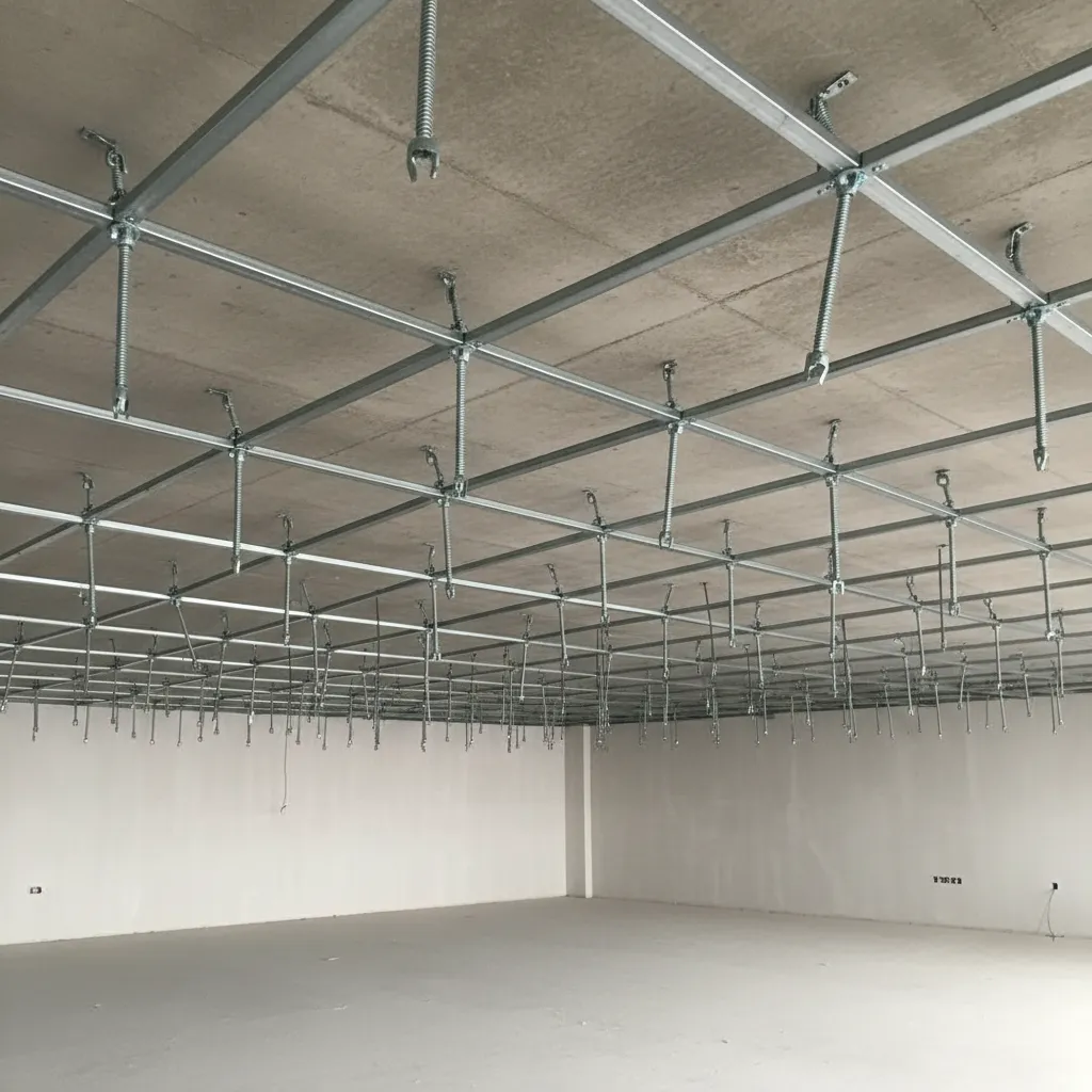 Exposed metal framework supporting POP ceiling installation