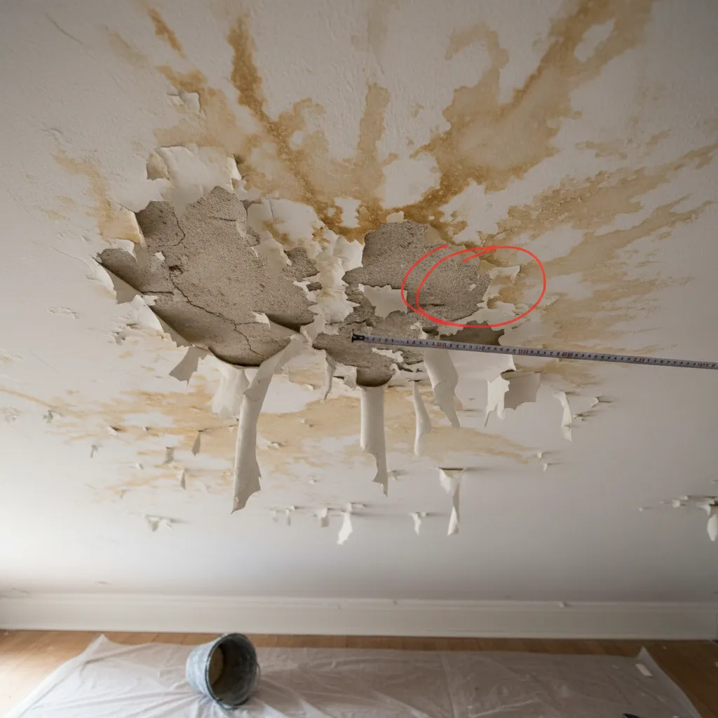 Water stain and peeling paint on plaster ceiling surface