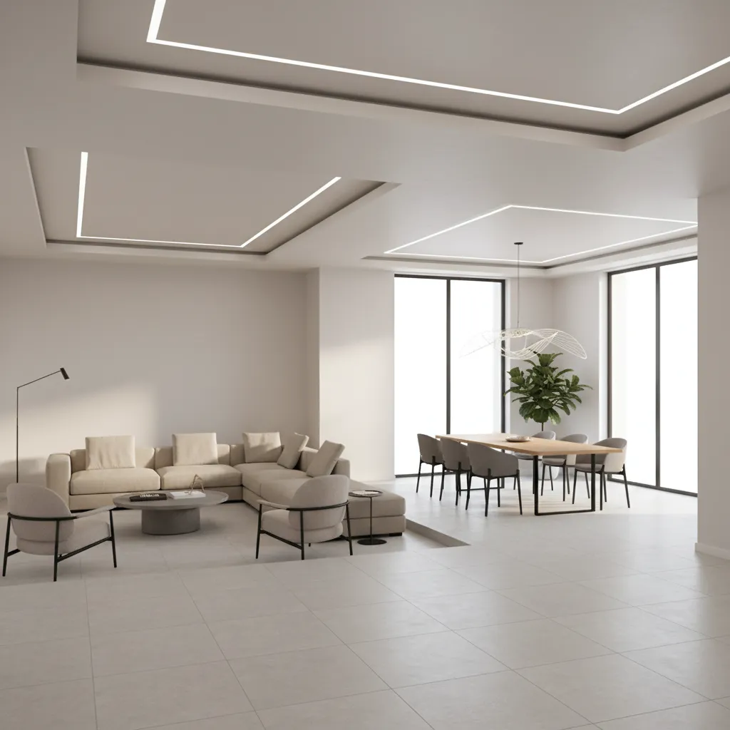 Open hall and dining room with layered POP ceiling design