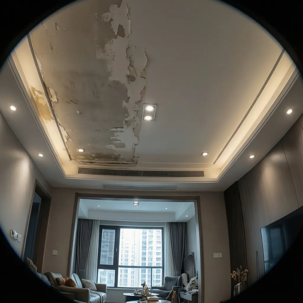 POP ceiling in hall showing water stain and peeling paint damage