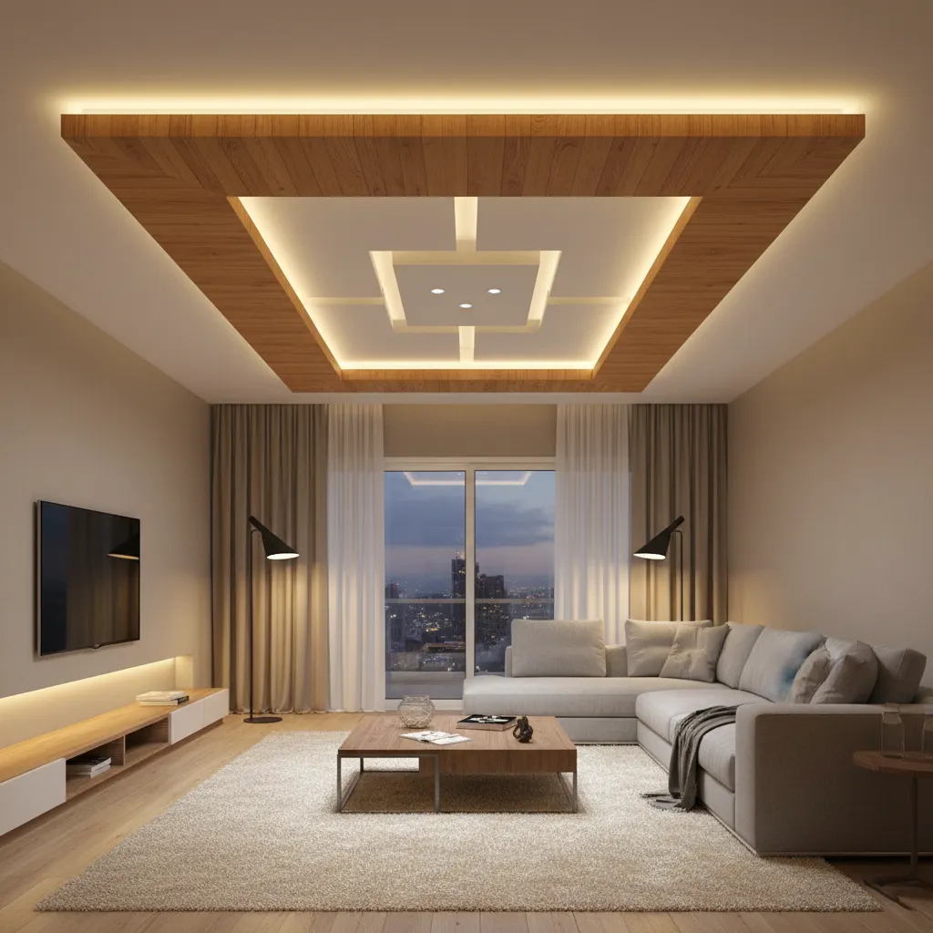POP ceiling with wooden border and LED lighting