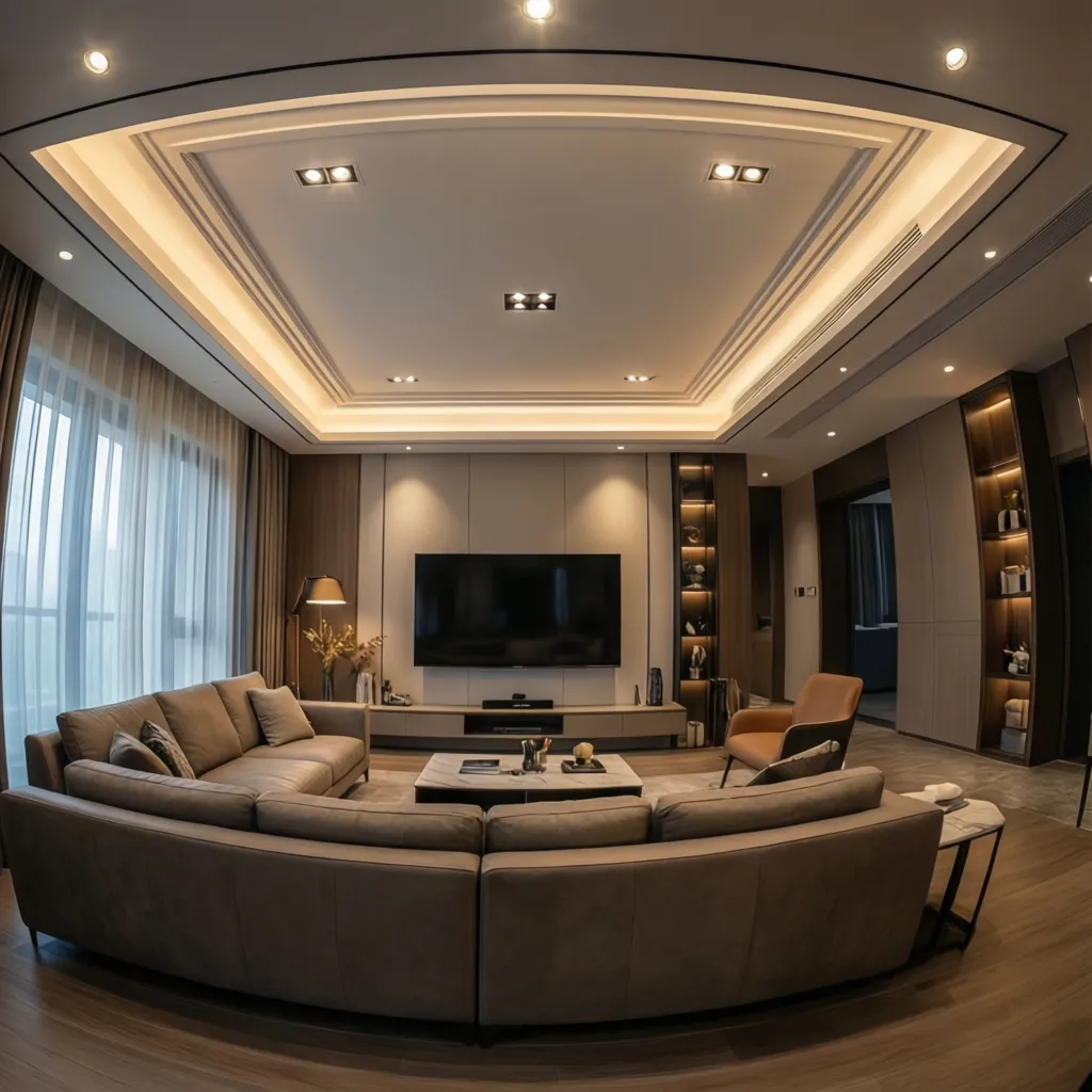 rectangular POP ceiling design framing seating area in an L shaped living room