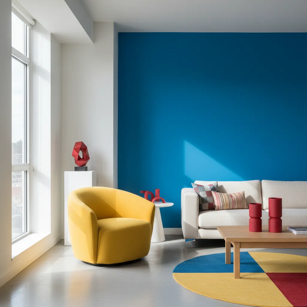 Interior con combinación de colores pop amarillo azul y rojo