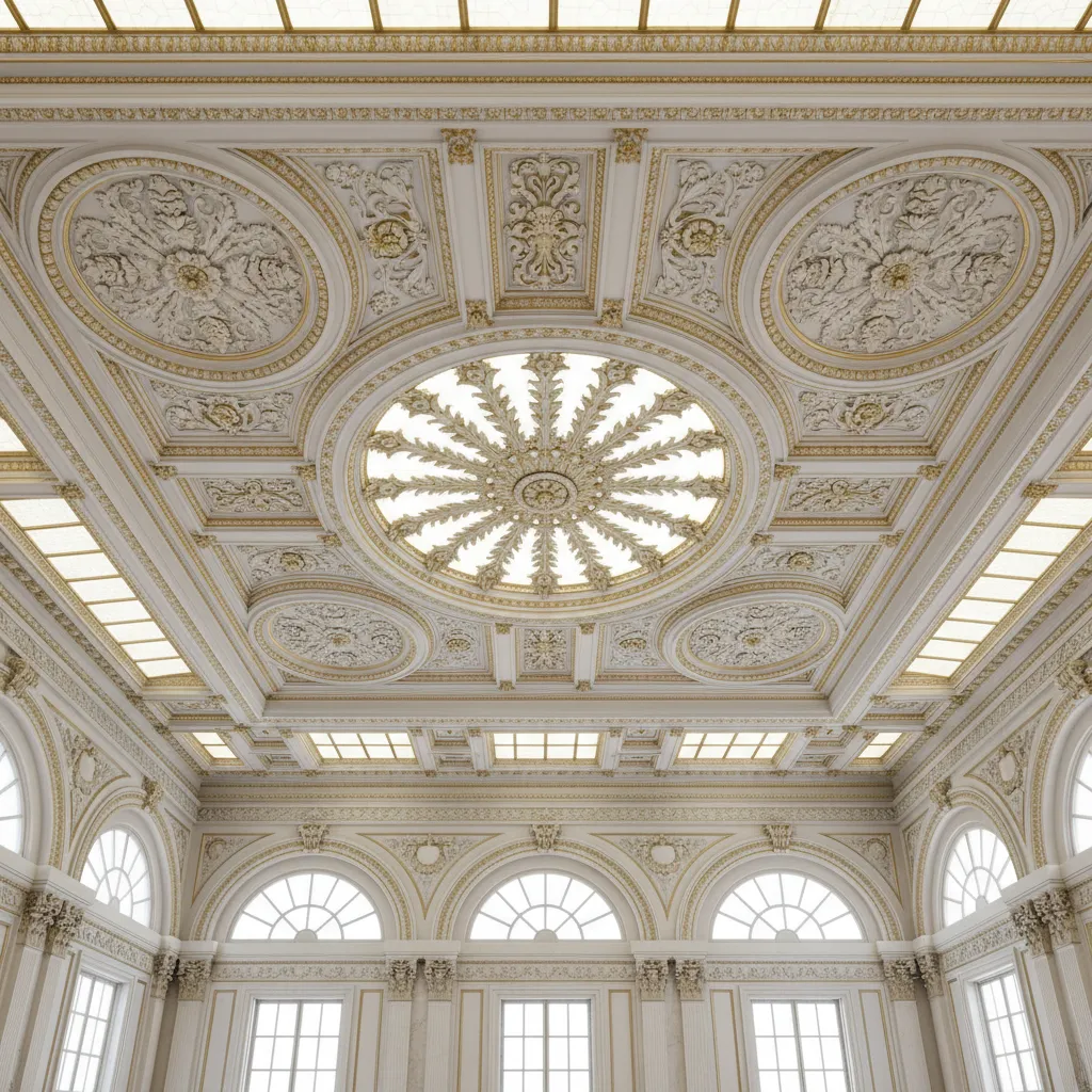 Decorative POP ceiling with ornate molding and central medallion in a prayer hall