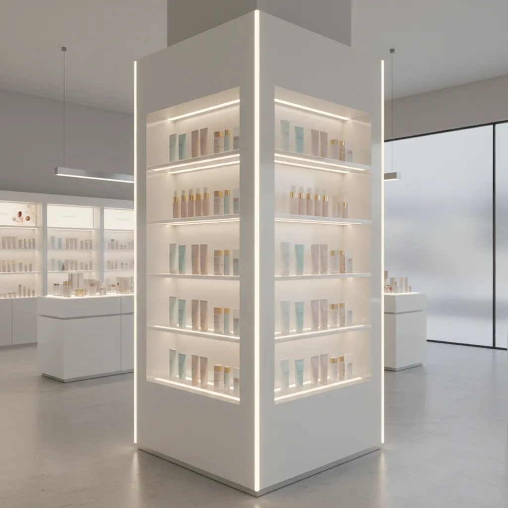 Illuminated retail POP display pillar with LED lighting integrated into shelving