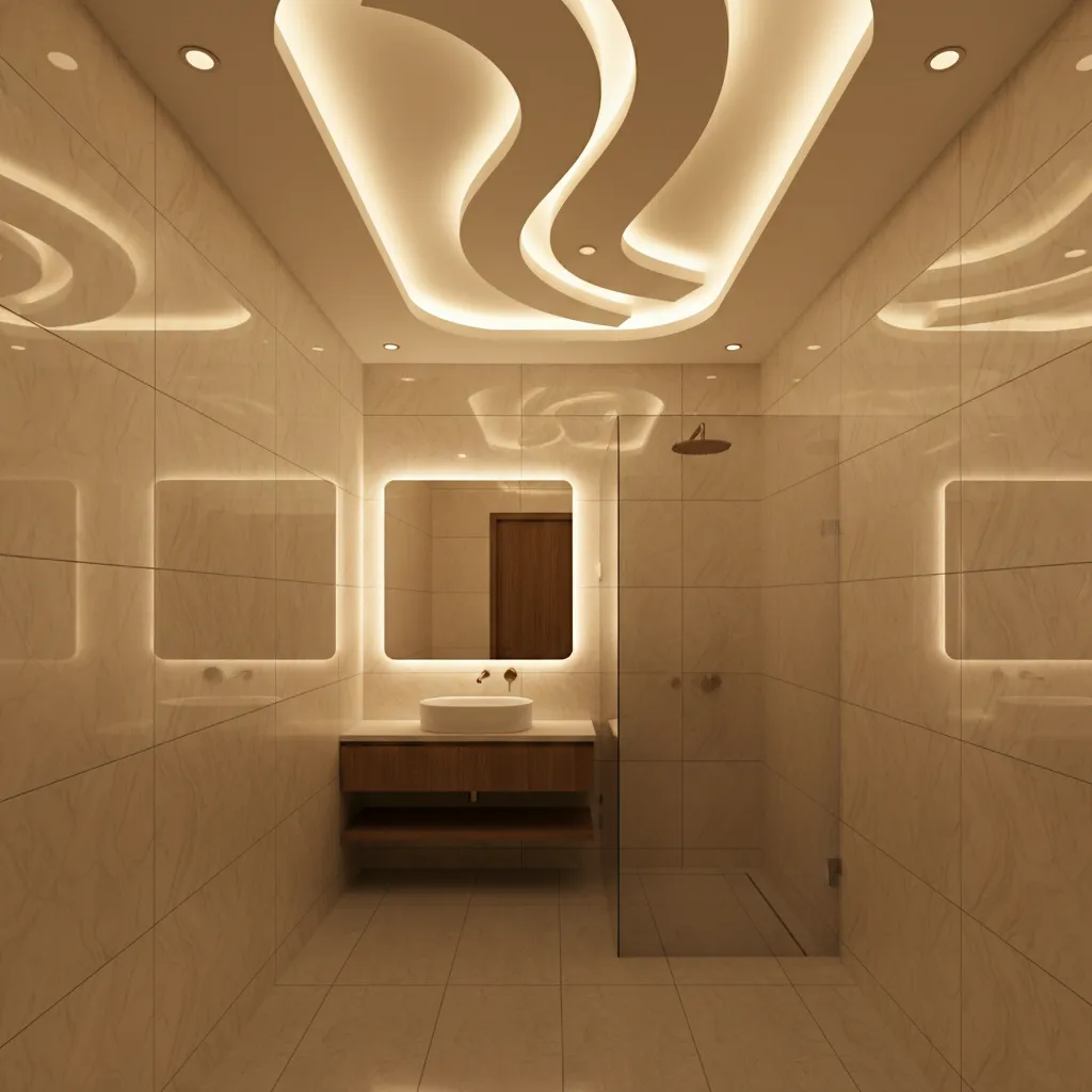 Decorative POP false ceiling with curved edges in a bathroom