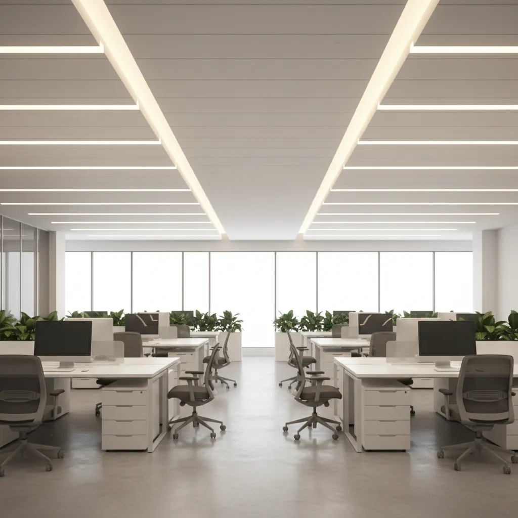 POP ceiling with integrated LED strip lighting in office workspace