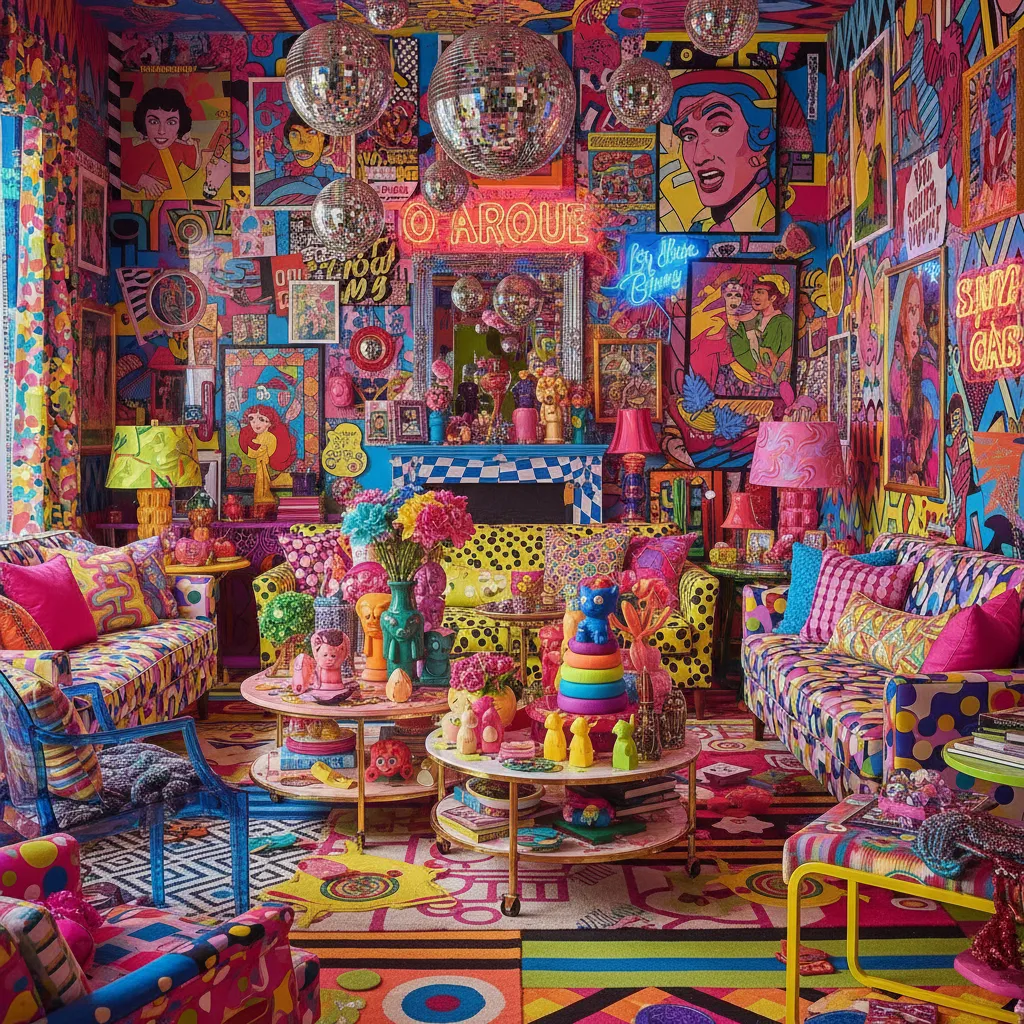 Habitación con exceso de colores y decoración pop