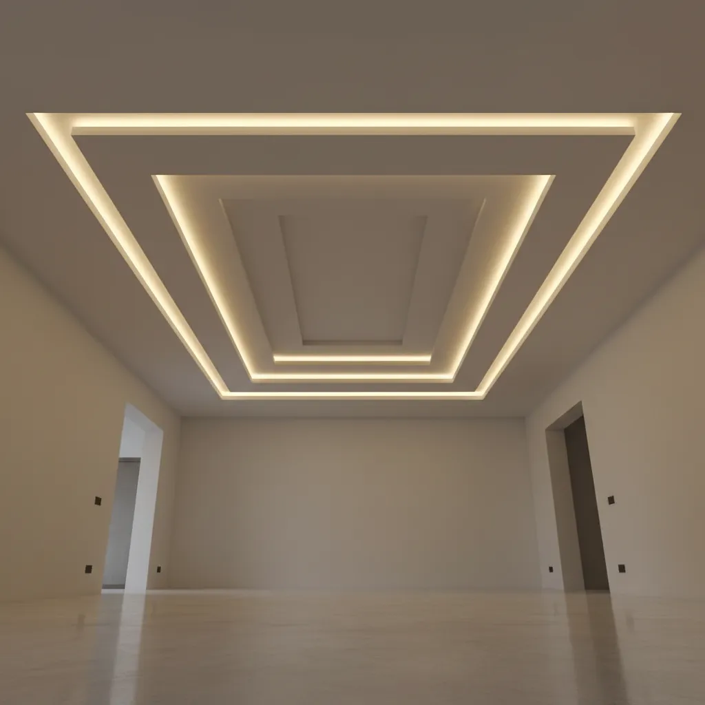 POP tray ceiling design with rectangular layered lighting layout
