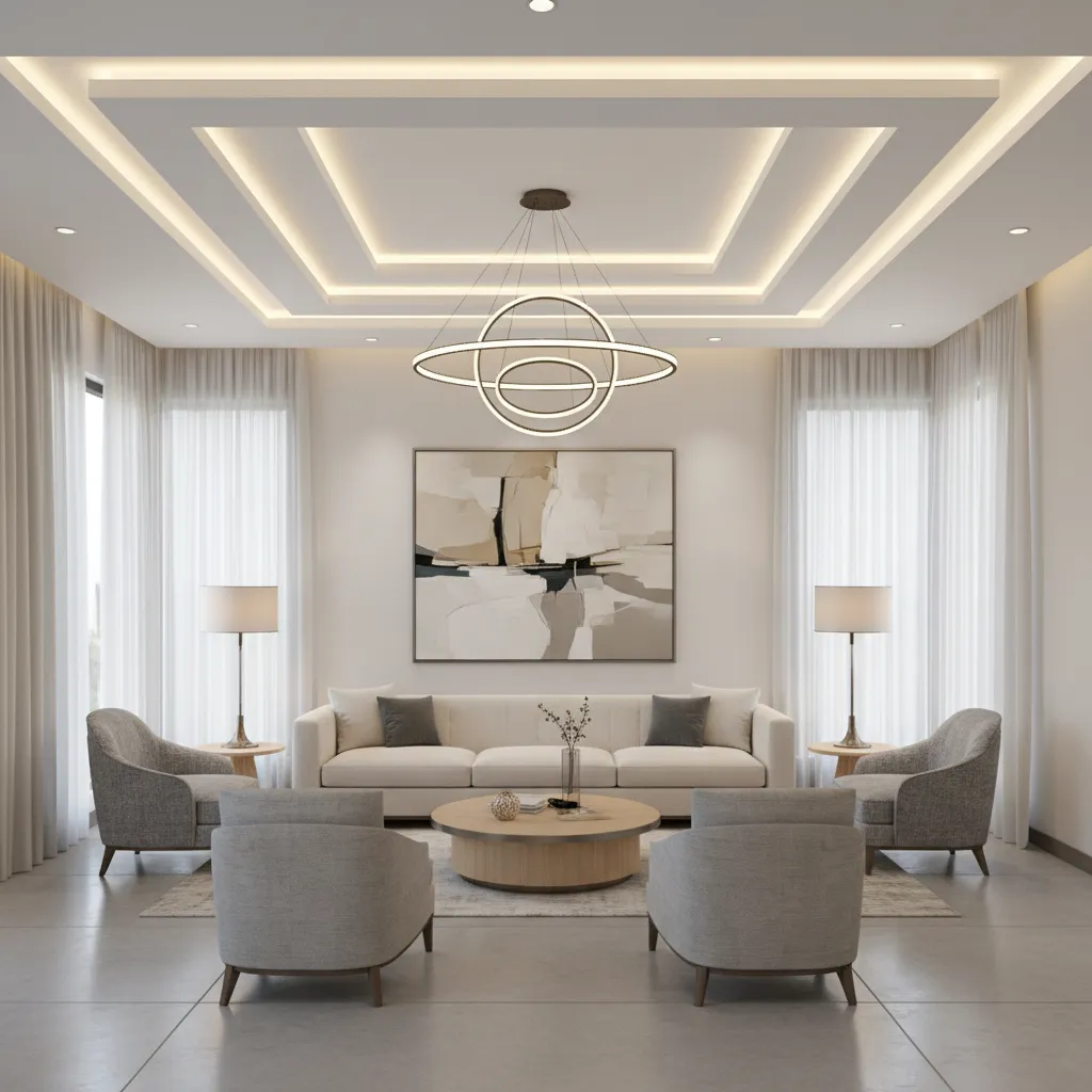 POP tray ceiling with LED strip lighting in a modern living room hall