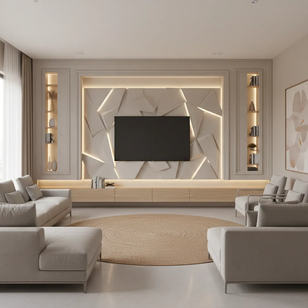 POP TV wall design with recessed lighting and panels