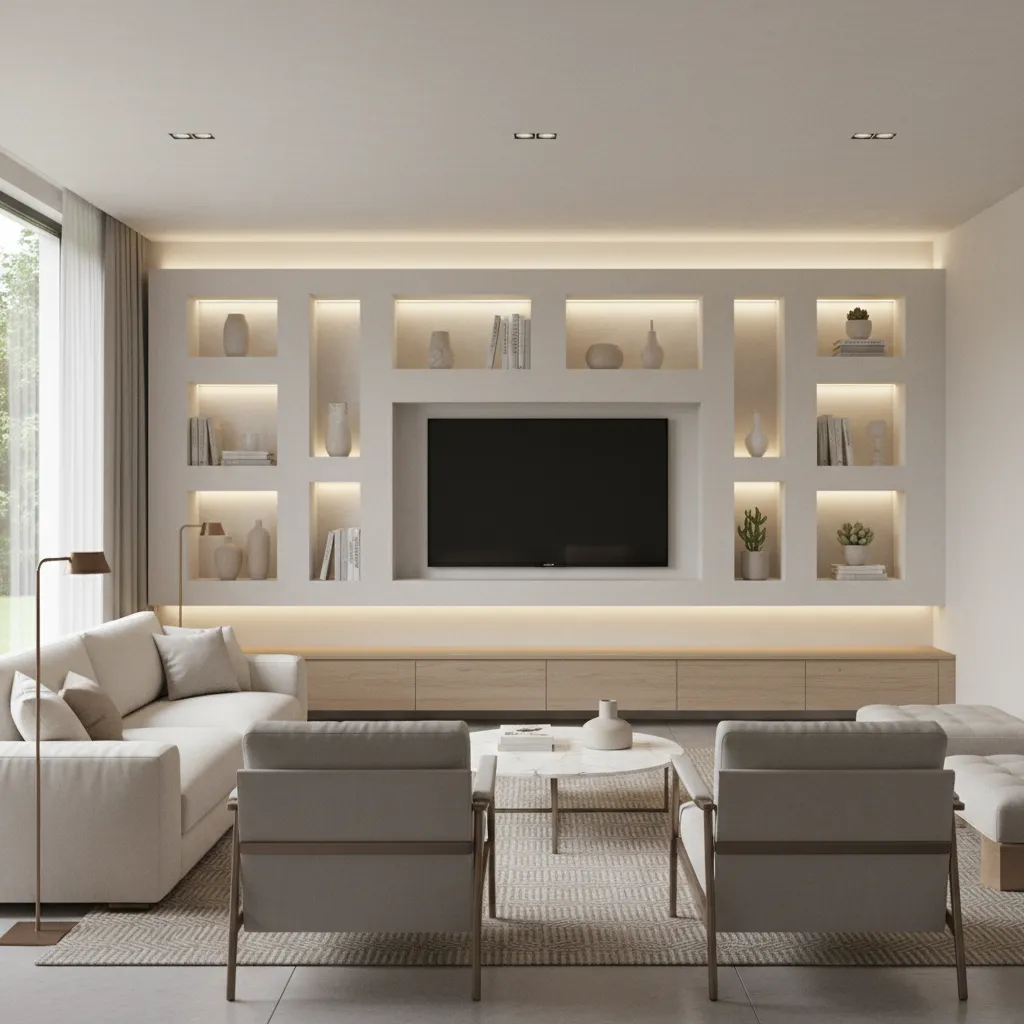 POP TV wall design with recessed niches and decorative lighting