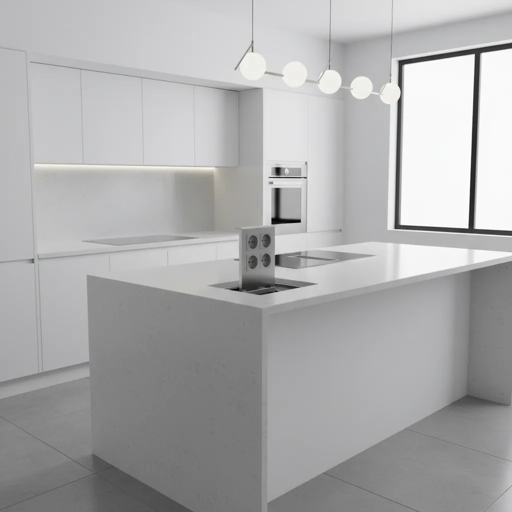 Pop up electrical outlet installed on a modern kitchen island countertop