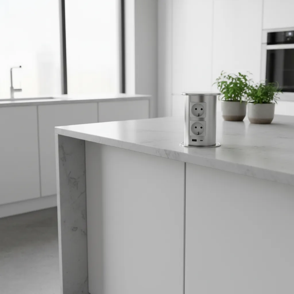 Pop-up power outlet extended from quartz kitchen island countertop