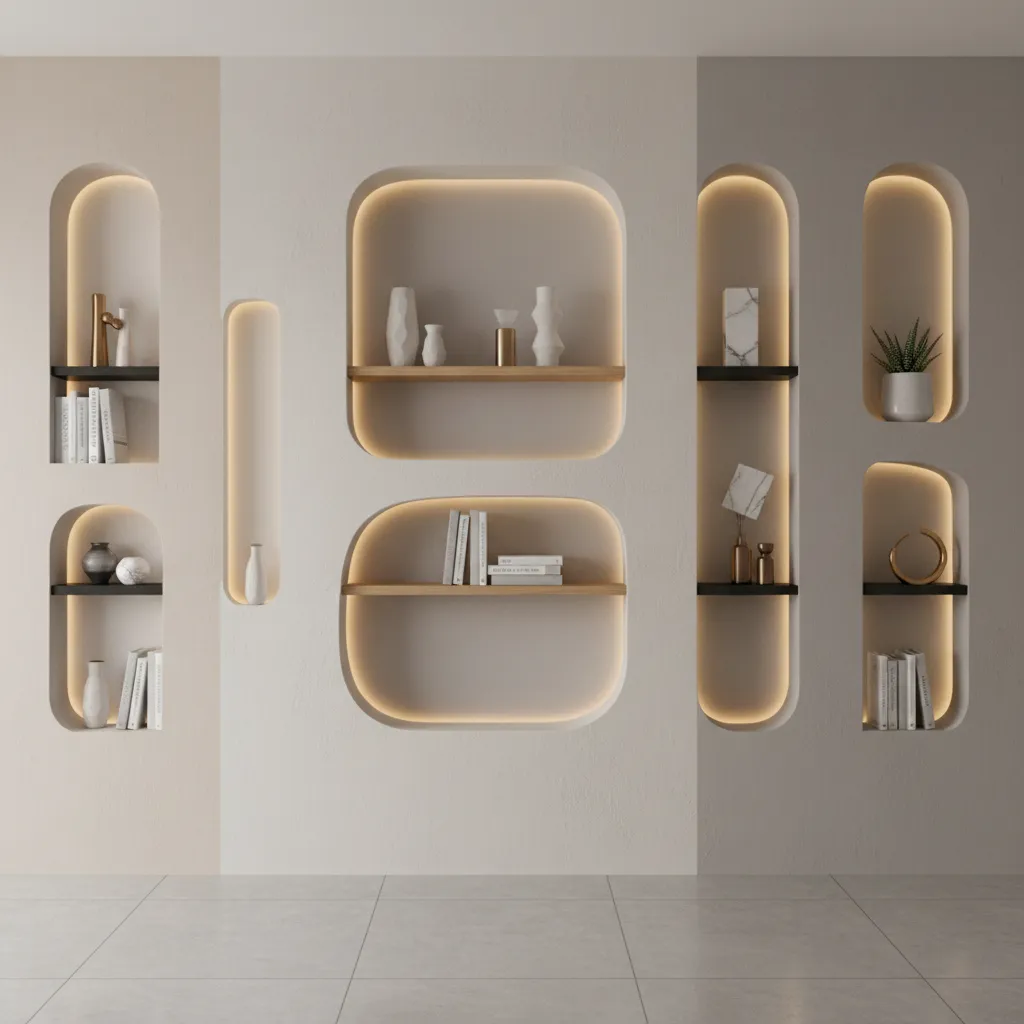 decorative POP wall niche design with shelves and lighting