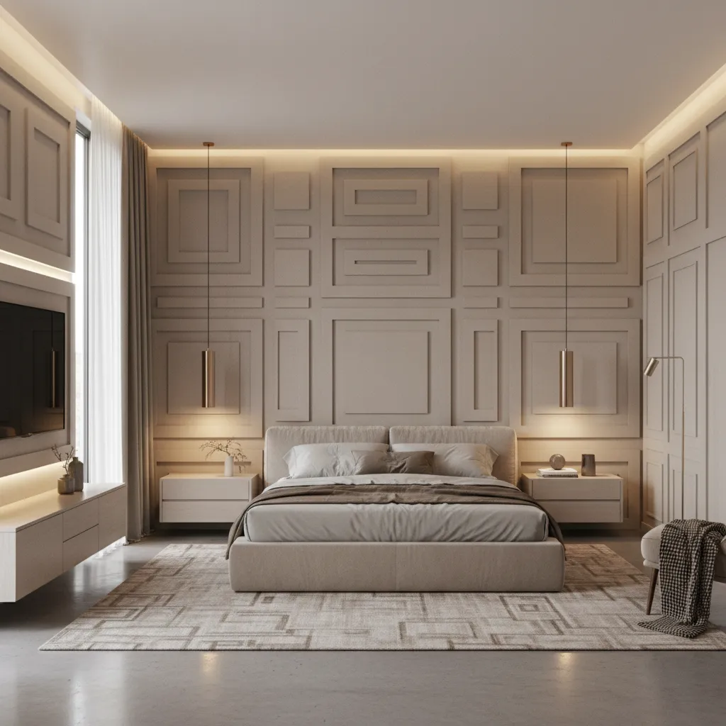 modern bedroom with POP wall panel behind bed