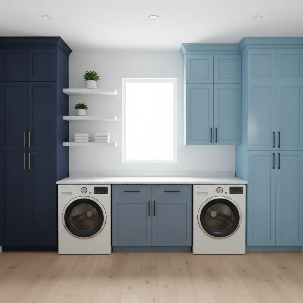 Laundry room showing navy, dusty blue, and sky blue cabinet variations