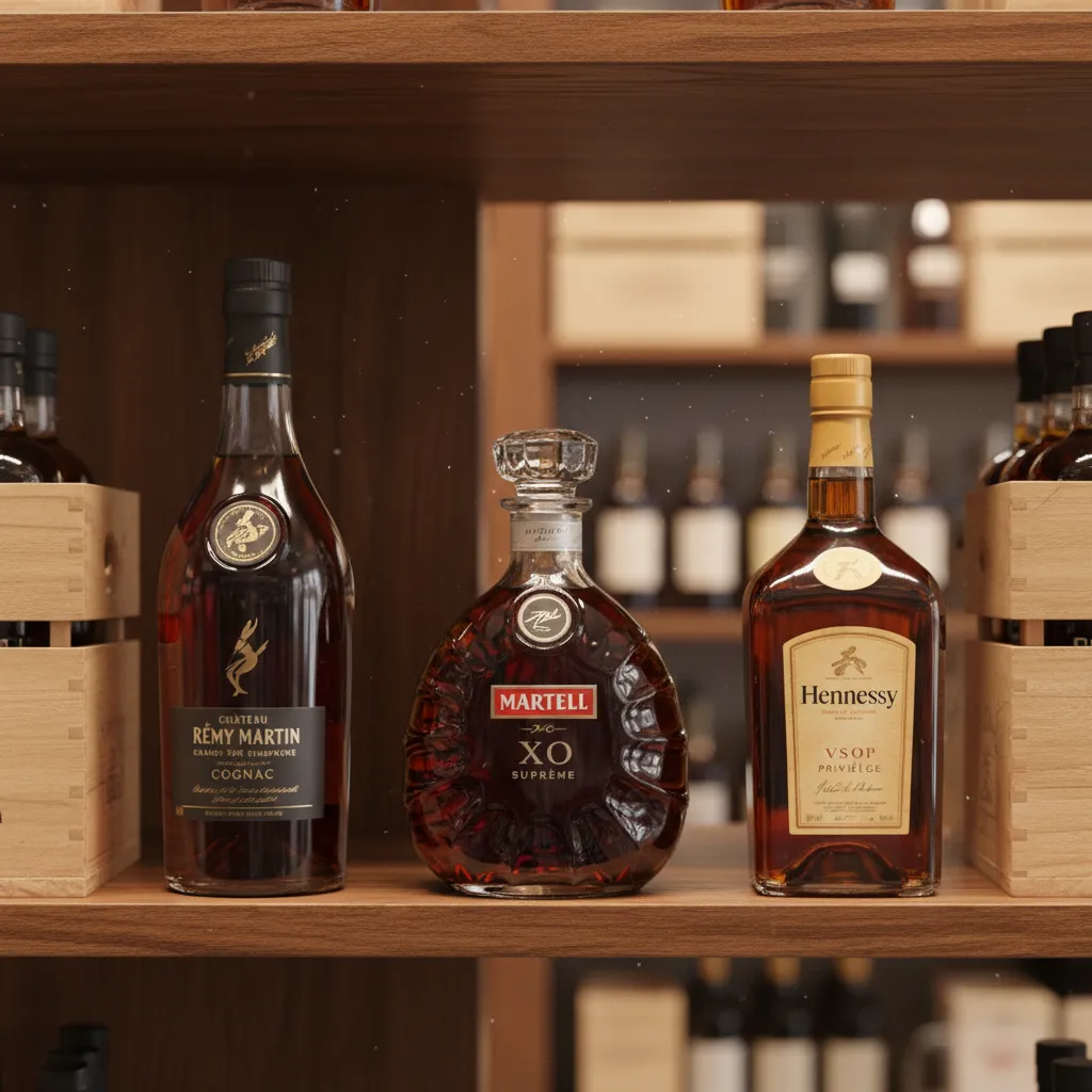 Three popular brandy bottles on a bar shelf representing brands sold in Chennai