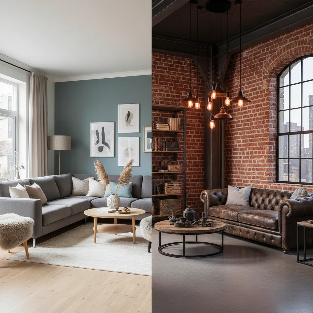Comparación visual de estilos escandinavo, industrial y moderno