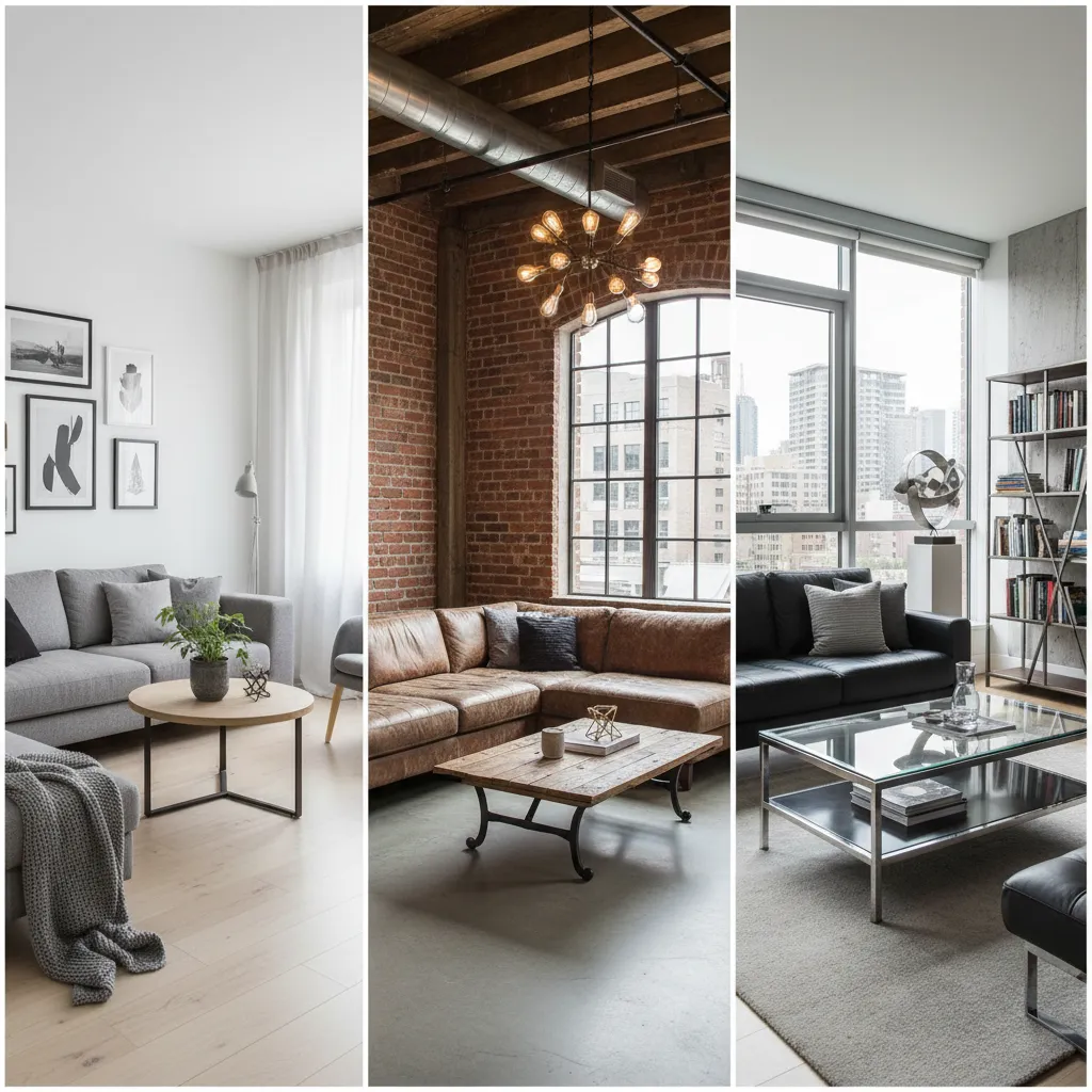 Comparación visual de estilos escandinavo, industrial y moderno