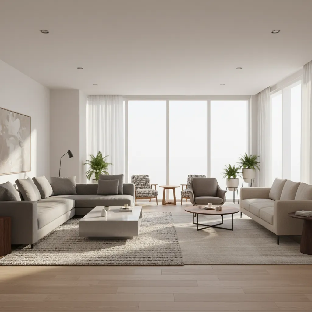 living room showing different sofa set arrangement styles including sectional and loveseat