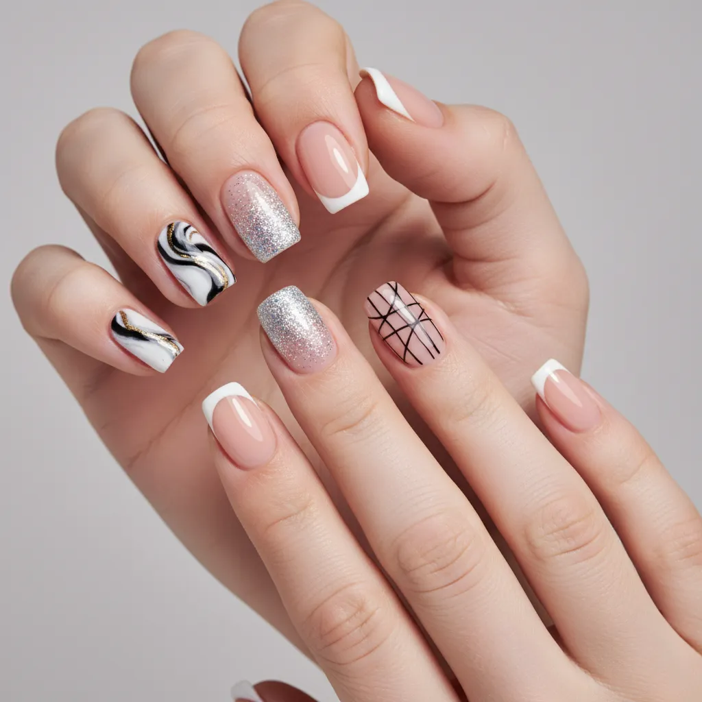close up examples of popular nail polish decoration styles like marble and glitter gradient