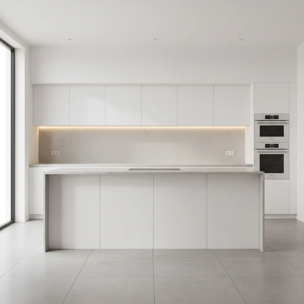 Large format porcelain tile backsplash in modern white kitchen