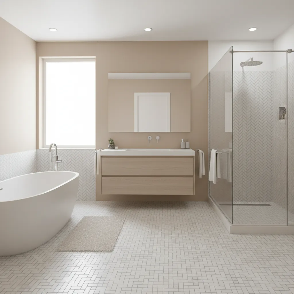 Porcelain basket weave tile floor in a bright contemporary bathroom