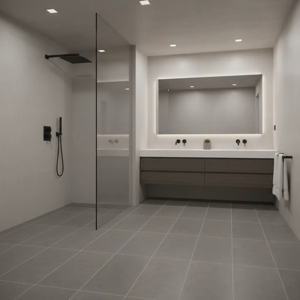 Porcelain tile flooring in a gray bathroom with matte finish