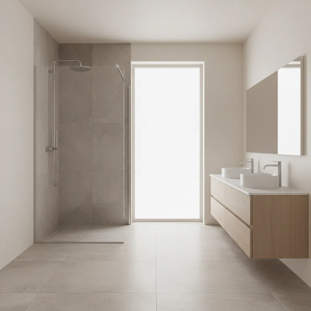 Contemporary bathroom with matte porcelain floor tiles and minimalist design