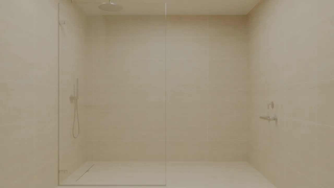 Large format porcelain tile shower wall in modern bathroom