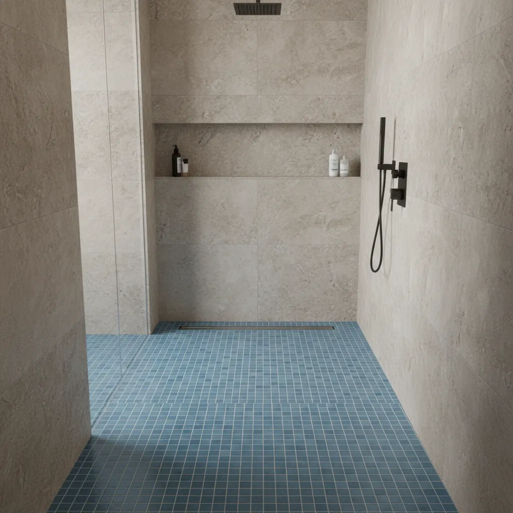 Porcelain blue mosaic tiles installed on a textured shower floor