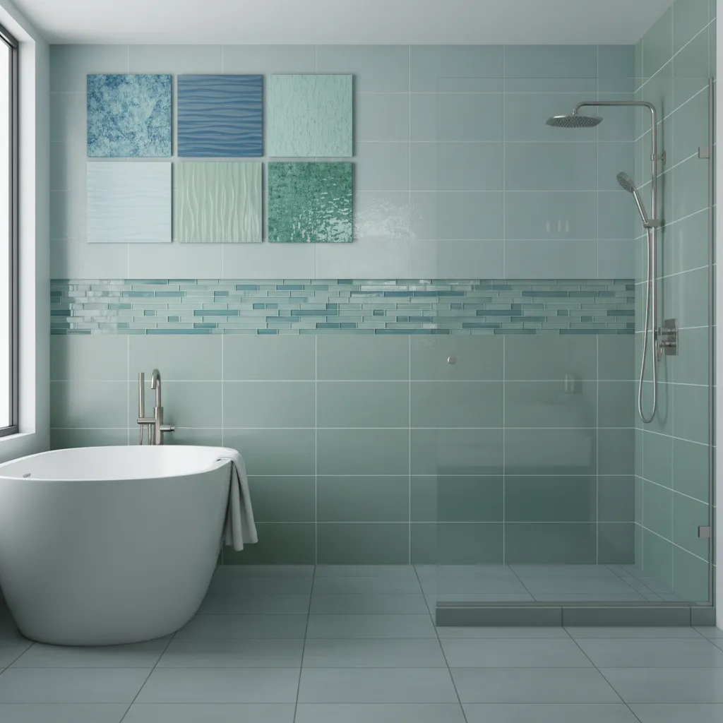 Comparison of porcelain ceramic and glass tiles in a blue green bathroom wall design