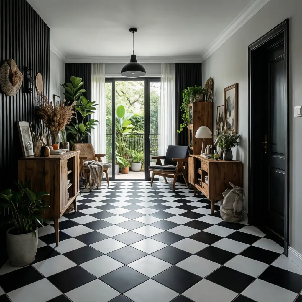 porcelain checkerboard tile flooring in high traffic entryway