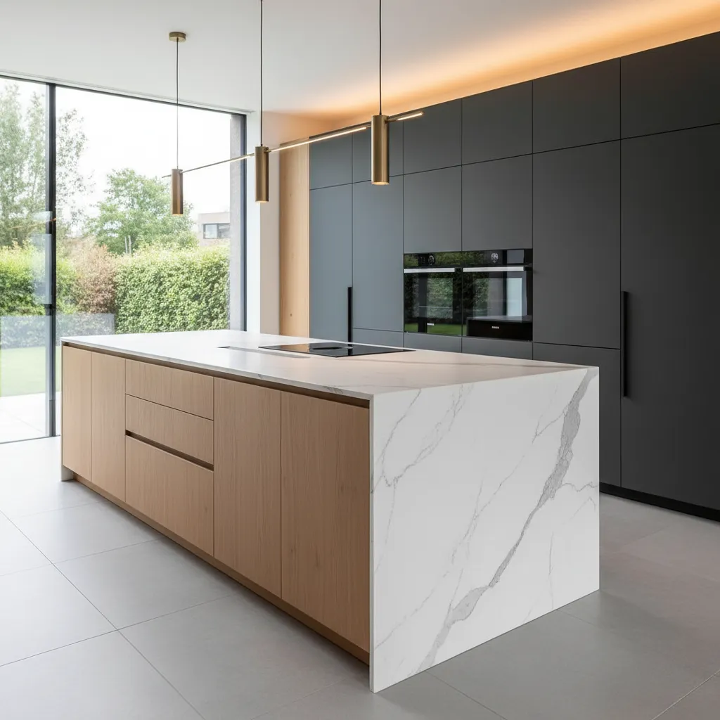 kitchen island with porcelain slab countertop alternative to marble