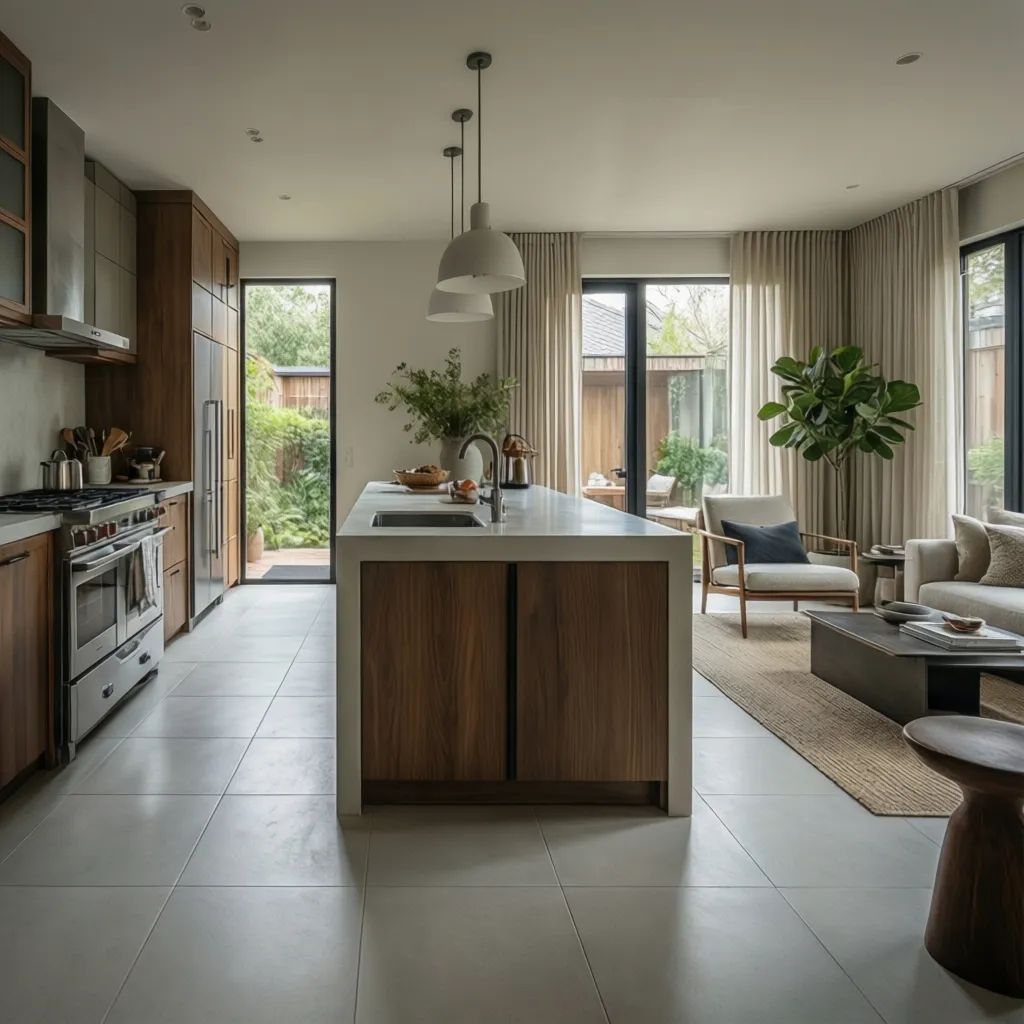 Cocina abierta con piso de porcelanato integrado al diseño interior
