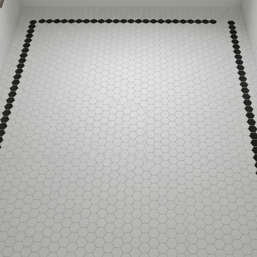 Small porcelain hex mosaic tile bathroom floor with black border
