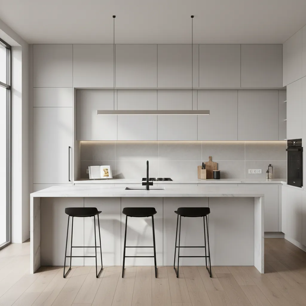 modern kitchen with large porcelain backsplash tiles