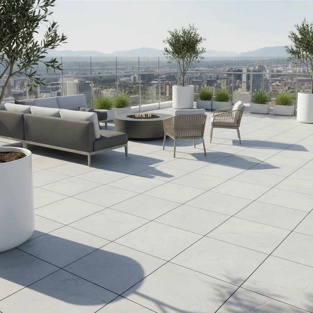 Porcelain paver flooring on modern rooftop terrace
