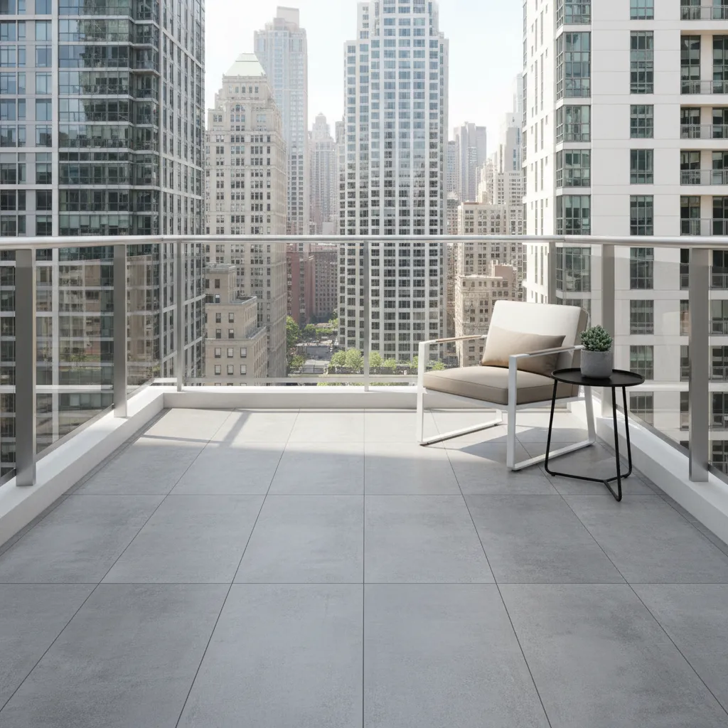 Outdoor balcony with large porcelain floor tiles and modern railing