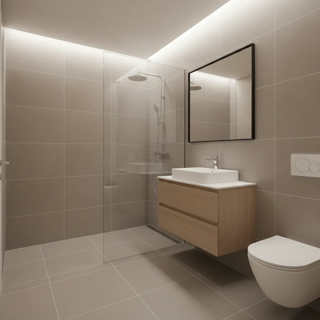 Modern bathroom floor with matte porcelain tile layout