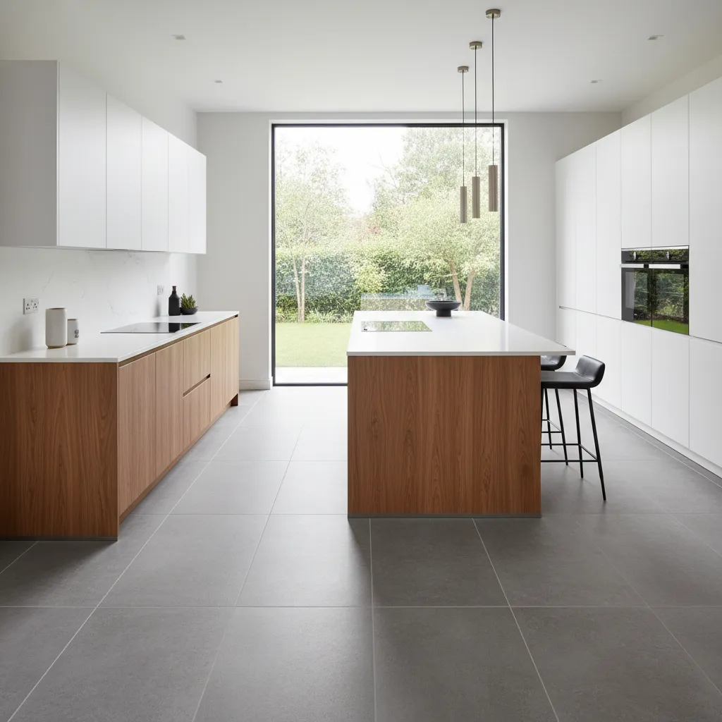 Modern kitchen with durable porcelain tile flooring
