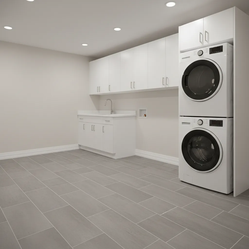 porcelain tile flooring in basement laundry room with washer dryer