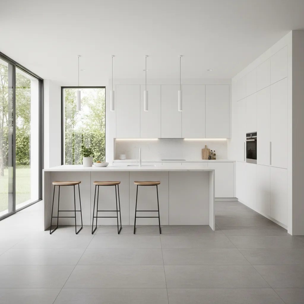 Modern kitchen with large format porcelain tile flooring